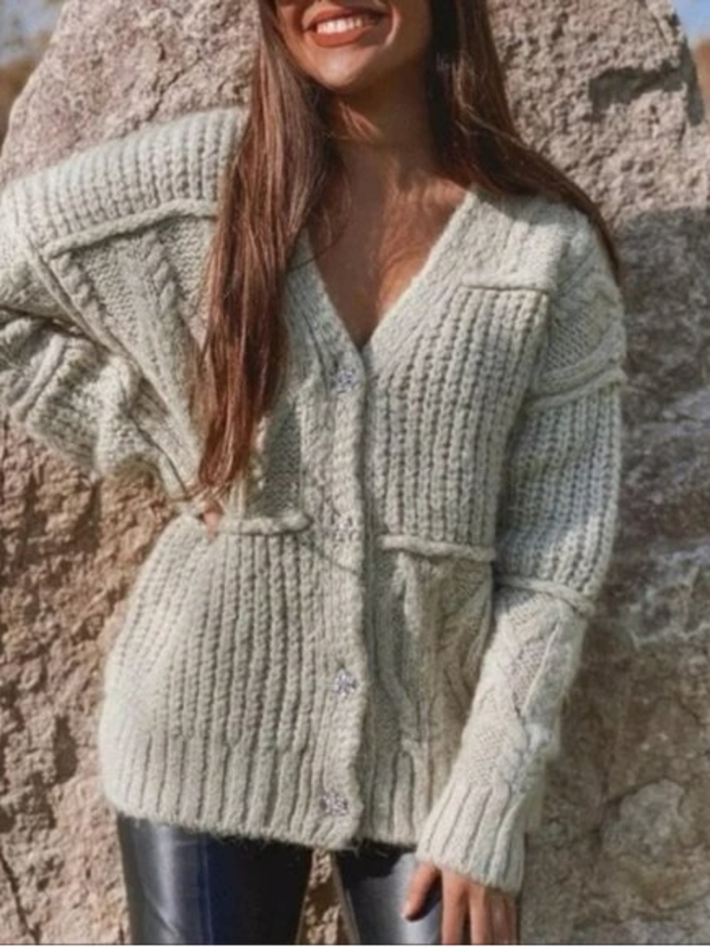Zara Oversized Patchwork Cable Knit Cardigan Sweater Size Medium Sage Green